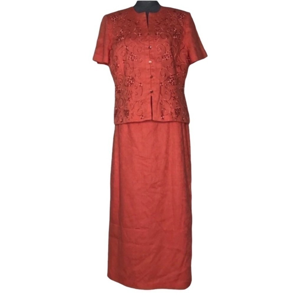 Plaza South peach 2 piece long skirt suit set size 14 woman spring summer